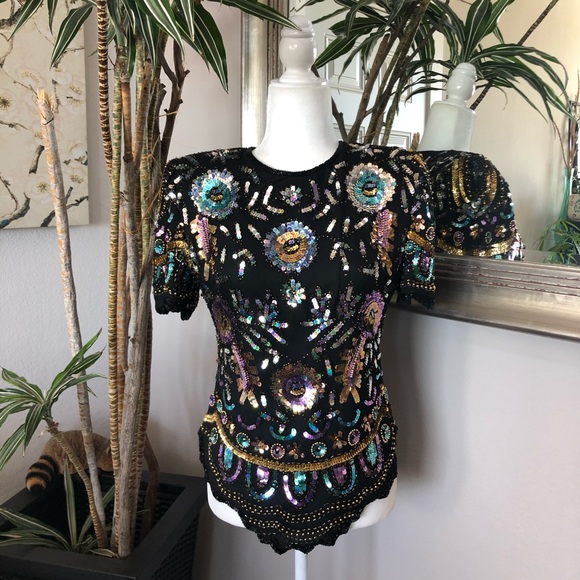 Vintage 80s Laurence Kazar Sequins Beaded Shirt S - Picture 10 of 10